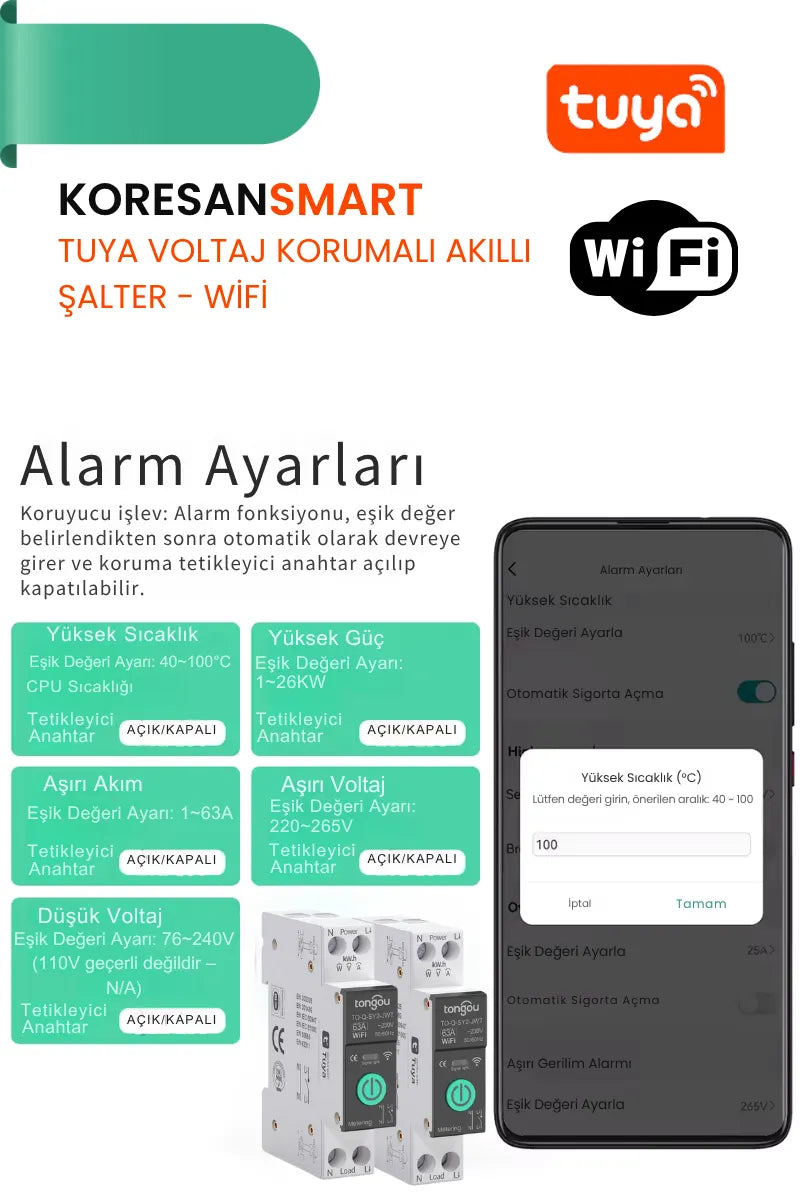 Tuya Voltaj Korumalı 63A Akıllı Şalter Sigorta- Wifi