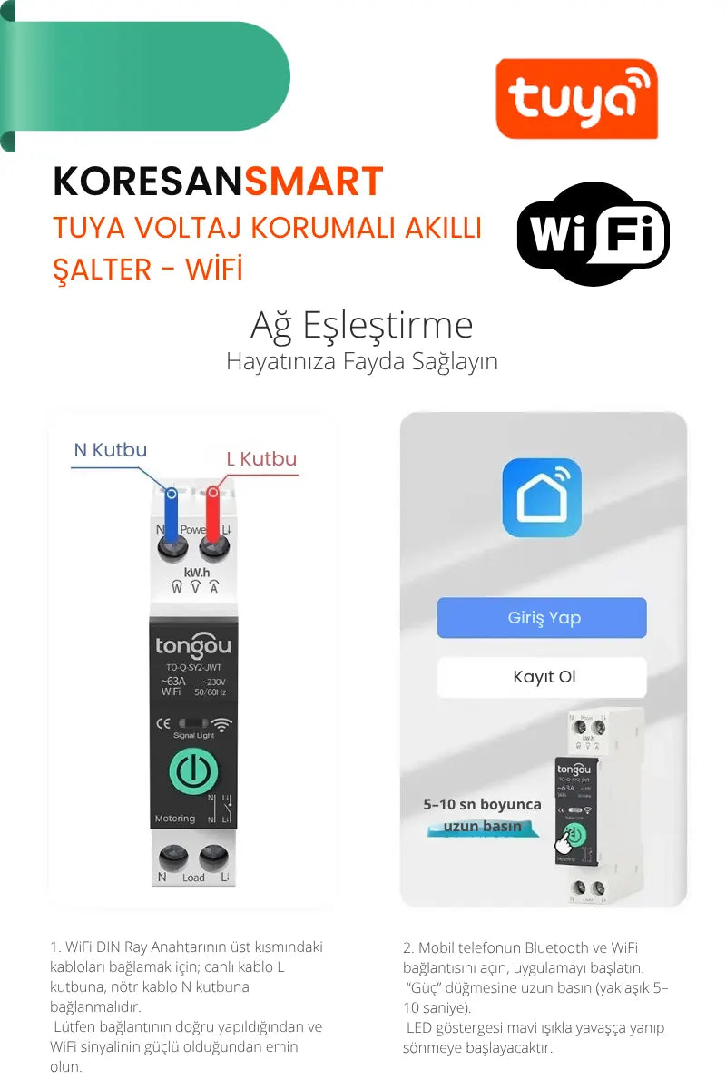 Tuya Voltaj Korumalı 63A Akıllı Şalter Sigorta- Wifi